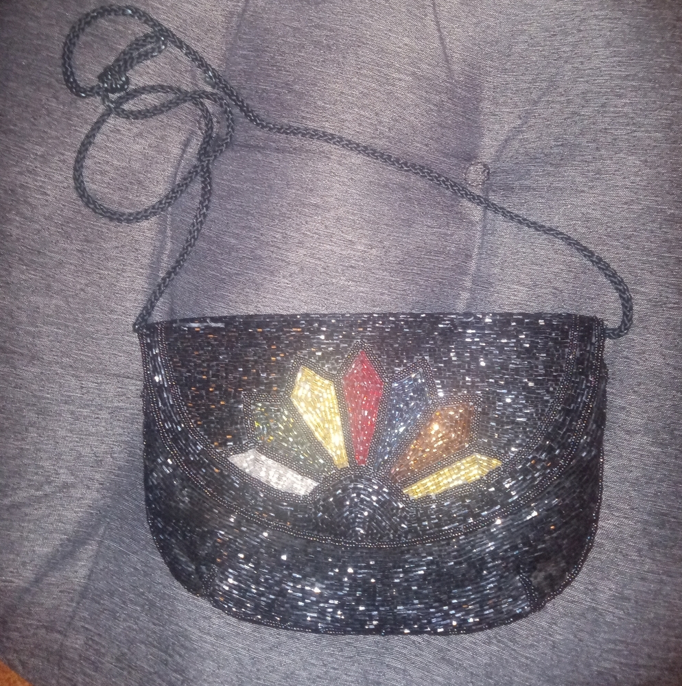 Black beaded and multi colored design shoulder bag or clutch